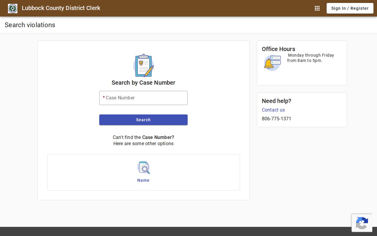 Lubbock County citation search portal with several official search modes