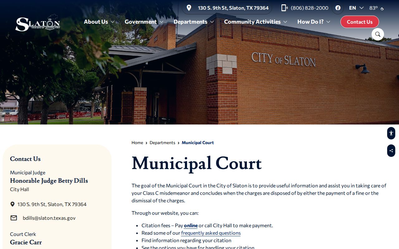 Official Slaton Municipal Court page with local citation procedures and contact information